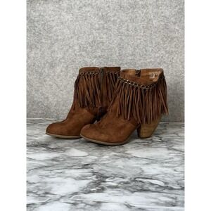 Not Rated Fringe Bootie SZ 9.5 Brown Heeled Studded Chain Cowgirl Boho Western
